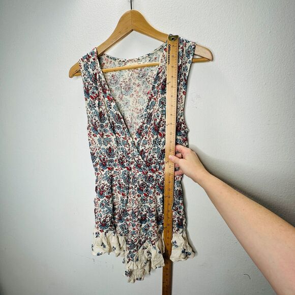 Billabong Cream Dusty Blue & Red Faux Wrap Deep-V Ruffle Hem Sleeveless Romper M - Picture 15 of 16